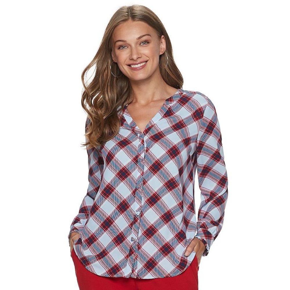 ELLE™ Bow Detail Plaid Button-Down Blouse Button-Up Women's Top